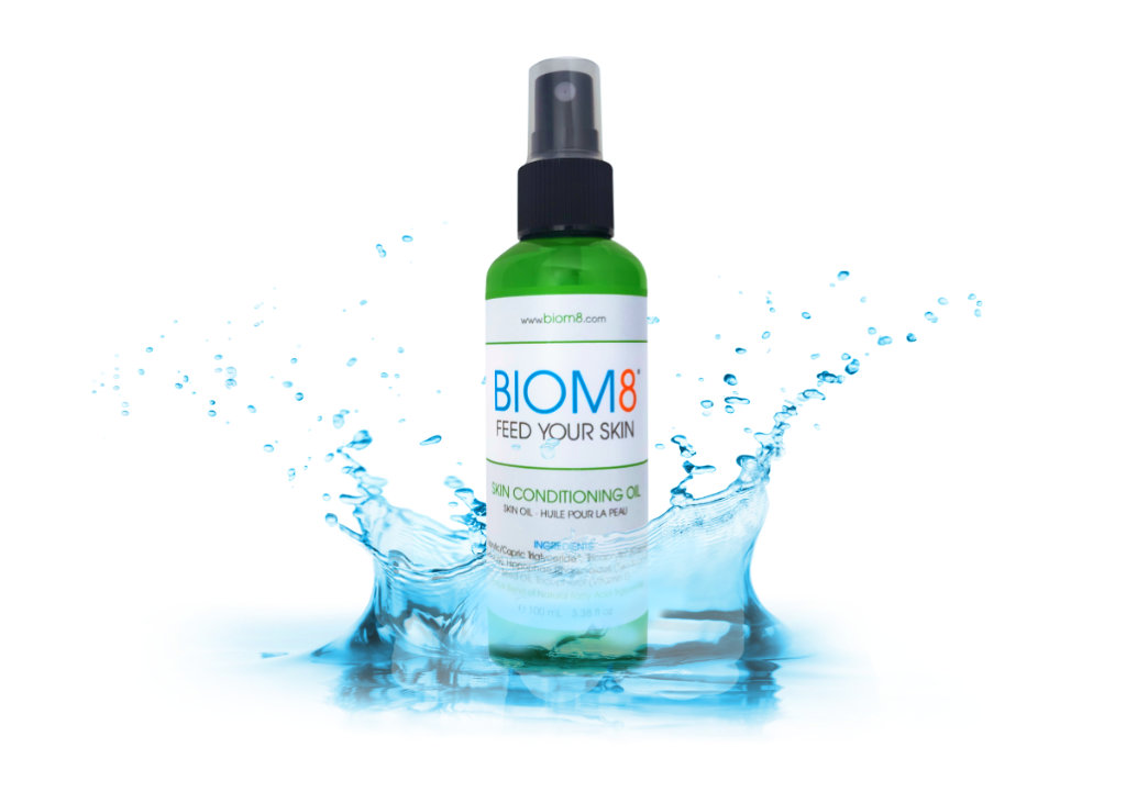 BIOM8 Skin Conditioning Oils Surrounded by Water Splash